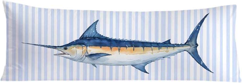 Exqcom Store Nautical Coastal Ocean Fish Body Pillow Covers 20x54, Coastal Room Decor, Preppy Beach Blue Striped Marlin Fish Long Body Pillow Case Cover with Hidden Zipper for Women Men Adults - Image 1